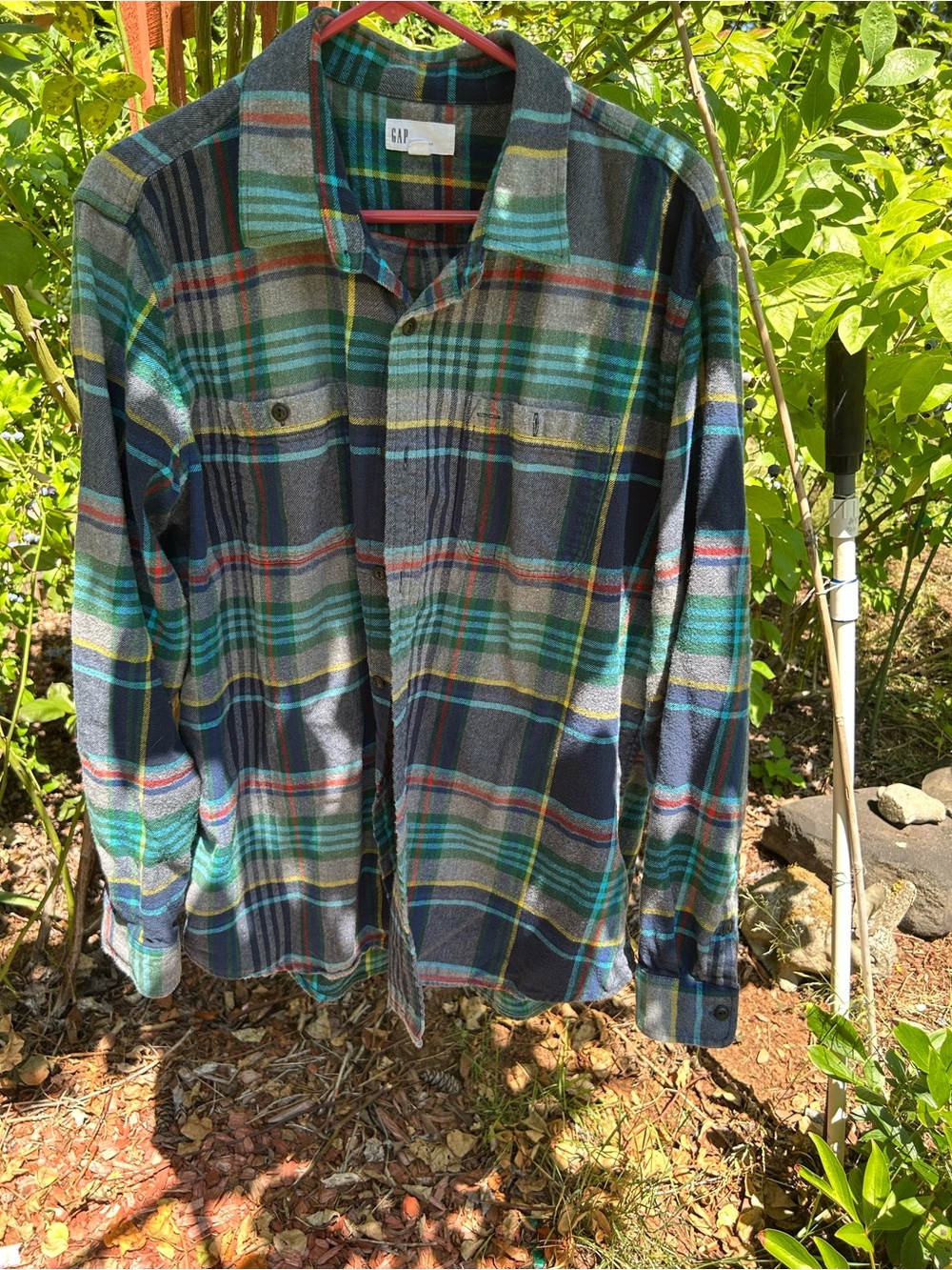 GAP Multicolor Plaid Flannel Shirt - Green, Navy, Gray, Yellow, Red Mens XL
